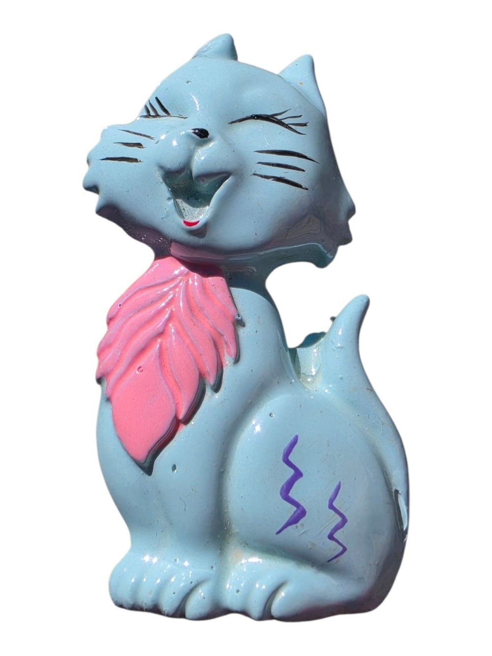 Vintage Blue Cat Brooch Pin Pink Bow Retro Kitsch Figural Jewelry